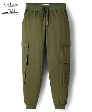 Arias 100% Cotton Full Length Solid Coloured Jogger With Cargo Pocket - Green