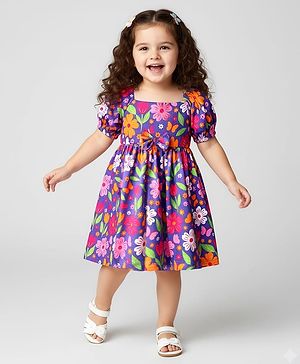 Babyhug Cotton Knit Puffed Sleeves Frock with Floral Print - Purple & Pink