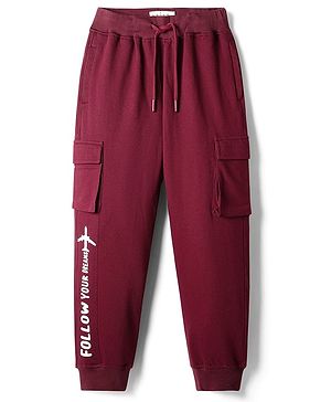 Arias 100% Cotton Knit Full Length Text Printed Jogger With Cut & Sew Detailing & Pockets - Maroon