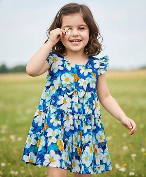 Babyhug 100% Cotton Sleeveless Floral Printed Tiered Dress - Blue