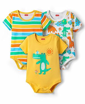 Babyhug 100% Cotton Knit Half Sleeves Striped & Dino Printed Onesies Pack of 3 - Yellow & White