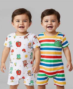 Babyhug 100% Cotton Knit Half Sleeves Striped Rompers with Animal Print Pack of 2 - White
