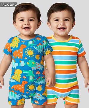 Babyhug 100% Cotton Knit Half Sleeves Striped & Dino Printed Rompers Pack of 2 - Multicolor