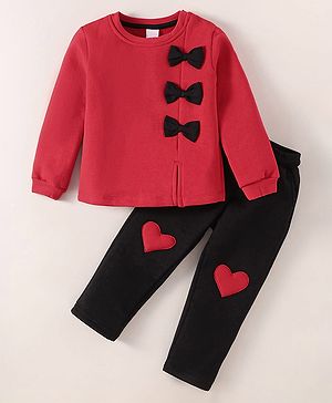 Mark & Mia Fleece Knit Full Sleeves Winter Wear T-Shirt & Lounge Pant Set With Bow Applique & Heart Patch - Red & Black