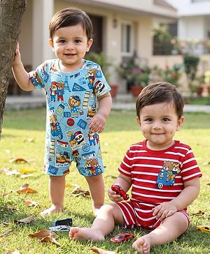 Babyhug 100% Cotton Interlock Knit Half Sleeves Romper with Stripe Design & Animal Print Pack of 2 - Red & Light Blue