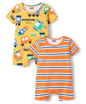 Babyhug 100% Cotton Knit Half Sleeves Striped Rompers with Vehicle Print Pack of 2 - Yellow & Orange