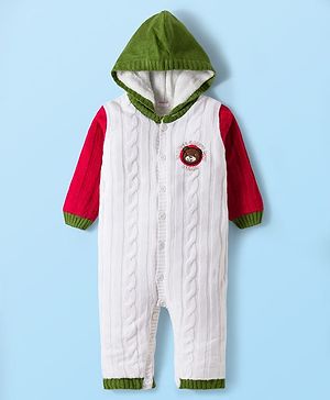 Babyhug Sweater Knit Full Sleeves Winter Wear Hooded Romper With Cable Knit Design & Bear Patch - White Red & Green