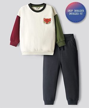 Bonfino Cotton Knit Full Sleeves Fleece Sweatshirt With Colour Block & Jogger Set - Off White & Black