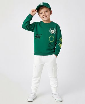 Bonfino 100% Cotton Fleece Drop Shoulder Full Sleeves Text Printed Sweatshirt With Cargo Jogger Set - Green & White