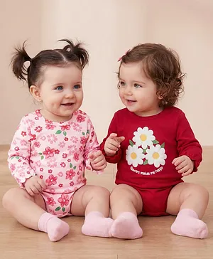 Babyoye 100% Cotton Knit with Eco
                              Jiva Finish Full Sleeves Floral Printed
                              Onesies Pack of 2 - Red & Pink