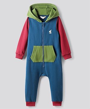 Bonfino 100% Cotton Fleece Knit Full Sleeves Colour Block Hooded Romper With Zipper & Kangaroo Pockets - Multi Colour