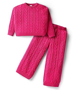 Babyhug Knit Full Sleeves Winter Wear T-Shirt & Lounge Pant Set With Cable Knit Design - Fushia