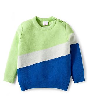 Babyhug Knitted Full Sleeves Pullover Sweater With Color Block Design - Blue Green & White