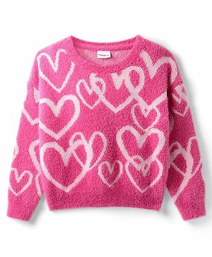 Babyhug Knit Drop Shoulder Full Sleeves Extra Soft Hairy Eyelash Yarn Relaxed Crop Length Fit Pullover Sweater with Heart Design - Pink