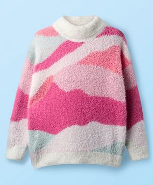 Babyhug Knit Full Sleeves Extra Soft Hairy Eyelash Yarn Turtle Neck Pullover Sweater With Abstract Design - Pink & White