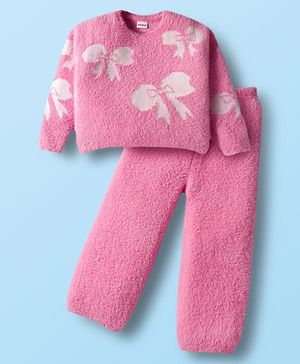Babyhug Knit Full Sleeves Extra Soft Hairy Yarn Crop Top Sweater Set with Bow Design - Pink