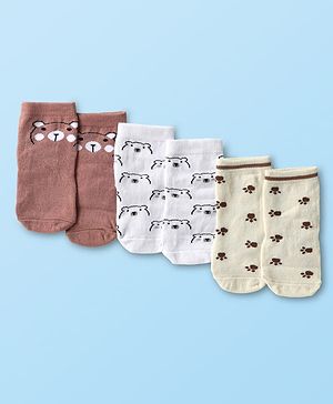 Cute Walk by Babyhug Knit Ankle Length Antibacterial Socks with Bear Design Pack Of 3 - Brown & Cream