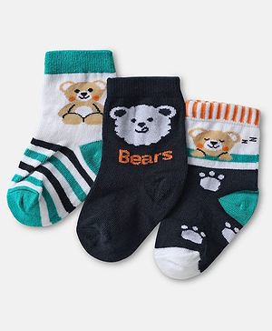 Cute Walk by Babyhug Knit Ankle Length Antibacterial Socks with Bear & Stripe Design Pack Of 3 - Navy Blue &  Green