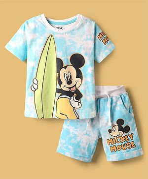 Babyhug Disney  Single Jersey Knit Half Drop Shoulder Sleeves Tie & Dye Oversized T-Shirt & Shorts Set with Mickey Mouse Graphics - Light Blue