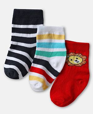 Cute Walk by Babyhug Knit Ankle Length Antibacterial Socks with Lion & Stripe Design Pack Of 3 - Rust Orange & White