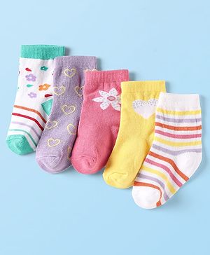Cute Walk by Babyhug Knit Ankle Length Anti Bacterial Socks With Floral & Heart Design Pack of 5 - Multicolor