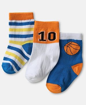 Cute Walk by Babyhug Knit Ankle Length Antibacterial Socks with Game Theme Print & Stripe Design Pack Of 3 - Blue Orange & White