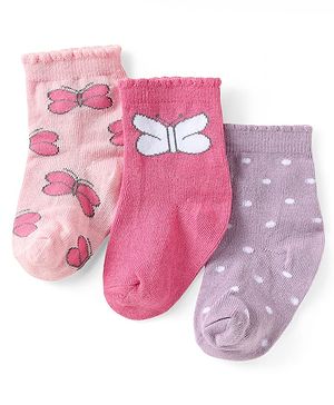 Cute Walk by Babyhug Knit Ankle Length Antibacterial Socks with Butterfly & Polka Dot Design Pack Of 3 - Pink & Lavender
