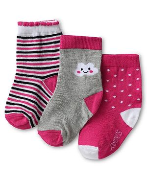 Cute Walk by Babyhug Knit Ankle Length Antibacterial Socks with Stripes & Polka Dot Design Pack Of 3 - Dark Pink & Grey
