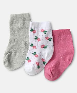 Cute Walk by Babyhug Knit Ankle Length Antibacterial Socks with Floral Design Pack Of 3 - Pink White & Grey