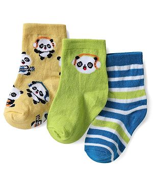 Cute Walk by Babyhug Knit Ankle Length Antibacterial Socks with Animal Design Pack Of 3 - Yellow & Green