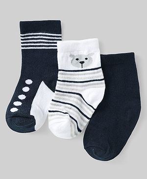 Cute Walk by Babyhug Knit Ankle Length Antibacterial Socks with Stripes & Animal Design Pack Of 3 - Black & White