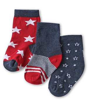 Cute Walk by Babyhug Knit Ankle Length Antibacterial Socks with Star Design Pack Of 3 - Red & Charcoal Grey