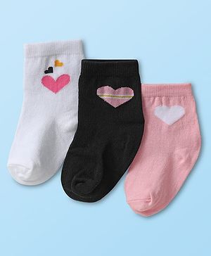 Cute Walk by Babyhug Ankle Length Anti Bacterial Sock with Heart Design Pack of 3 - White Pink & Black