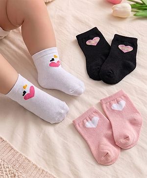 Cute Walk by Babyhug Ankle Length Anti Bacterial Sock with Heart Design Pack of 3 - White Pink & Black