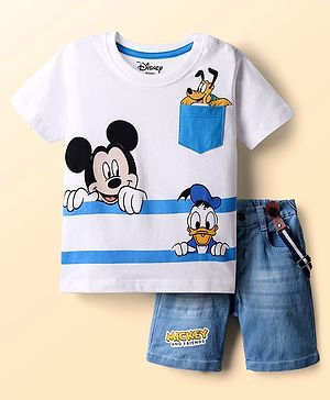 Babyhug Single Jersey Knit Half Sleeves T-Shirt & Shorts Set With Suspender & Mickey & Friends Graphics - White & Blue
