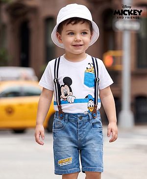 Babyhug Disney Single Jersey Knit Half Sleeves T-Shirt & Denim Shorts With Suspender Set With Mickey & Friends Graphics - White & Blue