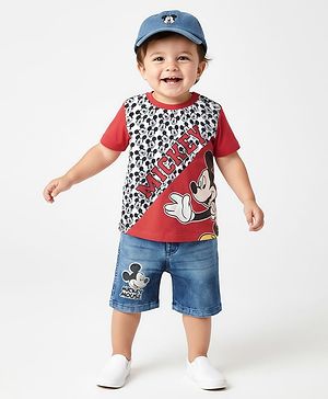 Babyhug Disney Single Jersey Knit Half Sleeves T-Shirt & Denim Shorts Set with Mickey Mouse Graphics - Red & Blue