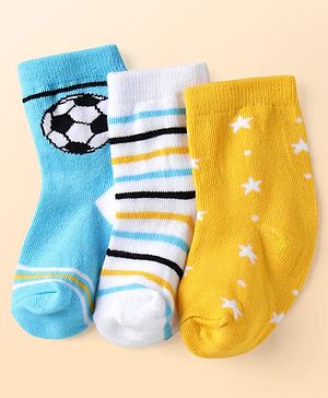 Cute Walk by Babyhug Knit Ankle Length Anti Bacterial Socks with Stripe & Star Design Pack of 3 - Yellow White & Light Blue