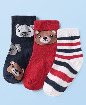 Cute Walk By Babyhug Knit Ankle Length Anti Bacterial Socks With Stripes & Teddy Bear Design Pack of 3 - Red White & Navy Blue