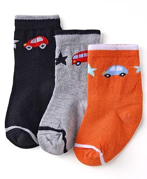 Cute Walk by Babyhug Knit Ankle Length Anti Bacterial Socks with Vehicle Design Pack of 3 - Orange Grey & Black