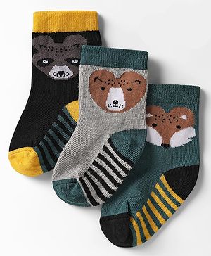 Cute Walk by Babyhug Knit Ankle Length Anti Bacterial Socks with Animal Design & Stripes Pack of 3 - Multicolor