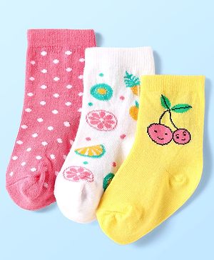 Cute Walk By Babyhug Knit Ankle Length Anti Bacterial Socks With Polka Dot & Fruit Design Pack of 3 - Yellow White & Pink