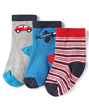 Cute Walk By Babyhug Knit Ankle Length Anti Bacterial Socks With Stripes & Vehicle Design Pack of 3 - Red Blue & Grey