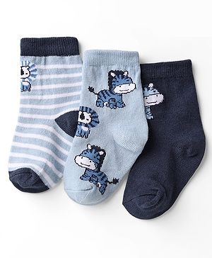 Cute Walk by Babyhug Knit Ankle Length Anti Bacterial Socks with Animal Design & Stripes Pack of 3 - Light & Navy Blue