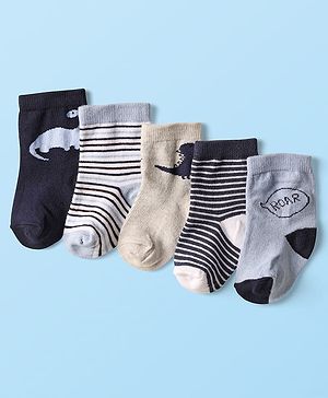 Cute Walk by Babyhug Ankle Length Anti Bacterial Socks With Stripes & Dino Design Pack of 5 - Multicolor