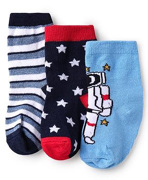 Cute Walk by Babyhug Knit Ankle Length Anti Bacterial Socks with Star Stripe & Astronaut Design Pack of 3 - Multicolor