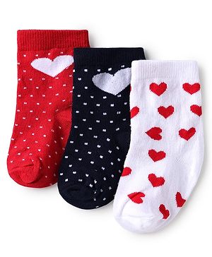 Cute Walk by Babyhug Knit Ankle Length Anti Bacterial Socks with Heart Design Pack of 3 - Red White & Black