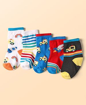 Cute Walk By Babyhug Ankle Length Anti Bacterial Socks With Car & Rocket Design Pack of 5 - Multicolor