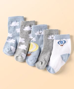 Cute Walk by Babyhug Ankle Length Anti Bacterial Socks With Cloud Design Pack of 5 - Multicolor