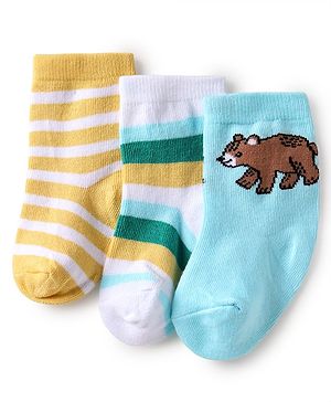 Cute Walk by Babyhug Knit Ankle Length Anti Bacterial Socks with Stripe & Bear Design Pack of 3 - White Light Blue & Orange